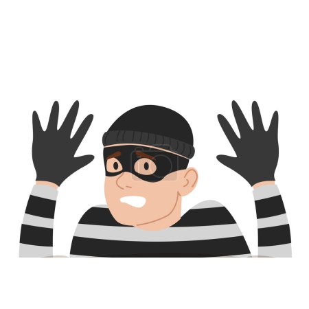 Ilustración de Thief got caught vector isolated. Illustration of a frightened criminal with raised hands. Robber in panic. - Imagen libre de derechos