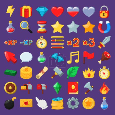 Téléchargez les illustrations : Game icons set vector isolated. Big collection of colorful symbols for games. Leaf, coin, different weapons and gift. Cartoon illustrations. Mobile game elements. - en licence libre de droit
