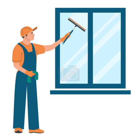 Téléchargez les illustrations : Homme nettoyage fenêtre à l'aide de raclette vecteur isolé. Nettoyeur en uniforme avec outil spécial. Travailleur professionnel. - en licence libre de droit