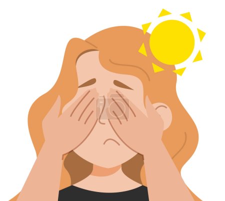 Illustration for Light sensitivity vector isolated. Female character suffering from photophobia. Symptom of migraine. Problem with health, light intolerance. - Royalty Free Image