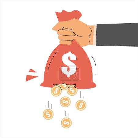 Illustration for Hand holding torn money bag vector isolated. Golden coins falling out of the red money bag. Concept of financial crisis, debt and high tax. - Royalty Free Image