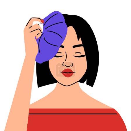 Illustration for Woman with headache applying cold or hot compress to relieve pain vector isolated. Flu or cold treatment. Female person with migraine. - Royalty Free Image