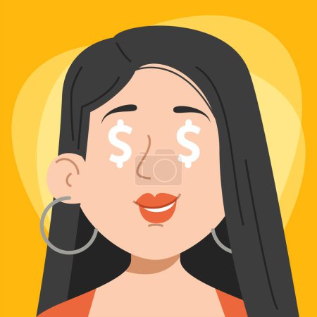 Illustration for Greedy woman with dollar signs in eyes vector illustration. Person obsessed with money and finance. Wealthy character, dollars in eyes. - Royalty Free Image