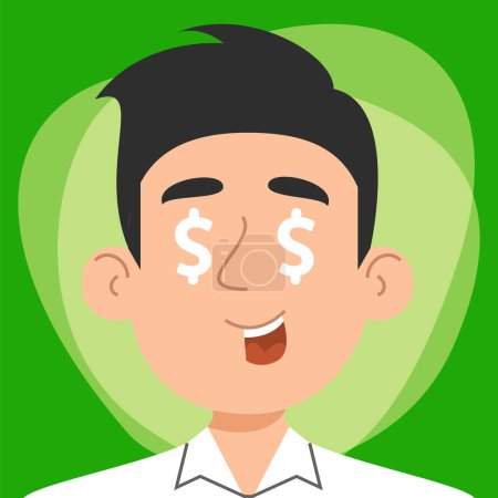 Gieriger Mann mit Dollarzeichen in den Augen. Person, besessen von Geld und Finanzen. Wohlhabender Charakter, Dollar in den Augen.