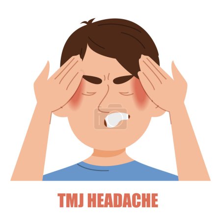 Kiefergelenkkopfschmerz-Vektor isoliert. Illustration eines Mannes, der unter Kopfschmerzen aufgrund einer Kiefergelenkerkrankung leidet. Spannungsschmerz.