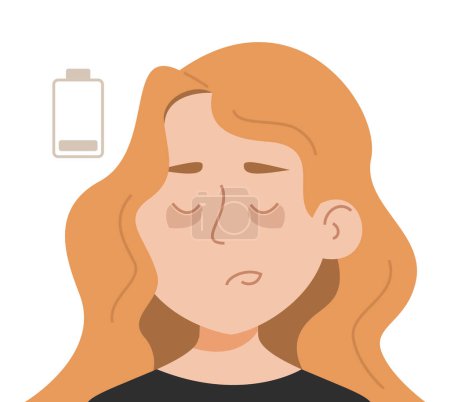 Illustration for Tired woman vector isolated. Illustration of fatigue, low battery as a metaphor of exhaustion. Lack of energy, migraine symptom. - Royalty Free Image