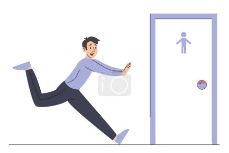 Mann mit Durchfall läuft isoliert zur Toilettentür Männlicher Charakter will pinkeln. WC-Tür. Kerl mit voller Blase