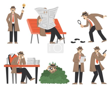 Detective set vector isolated. Illustration of male character investigating crime. Spy in coat with magnifier, professional exploration. Detective with a gun, sitting with newspaper, hiding in bush