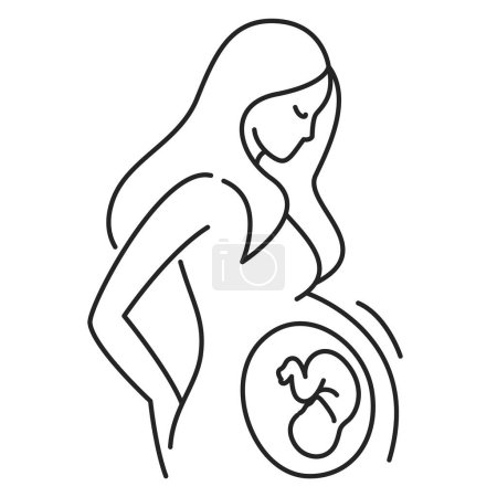 Pregnanat mujer icono vector aislado. Símbolo de línea de mujer joven esperando un bebé. Concepto de embarazo y maternidad. Feto en el útero.