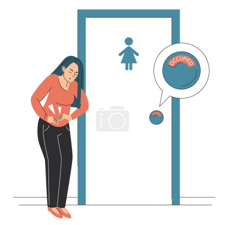 Téléchargez les illustrations : Femme avec diarrhée debout aux toilettes publiques vecteur isolé. Caractère féminin se sent mal à l'estomac, l'intestin complet. - en licence libre de droit