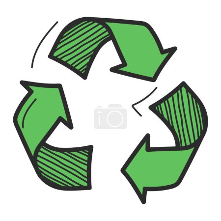 Illustration for Recycling icon in doodle style vector isolated. Symbol of recycle. Three green arrows. Concept of environment care. Stop pollution. - Royalty Free Image