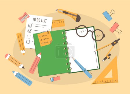 Illustration for School supplies on the desk top view. Vector illustration of different studying tools. Pen, pencils, task list. Set of office stationery. - Royalty Free Image
