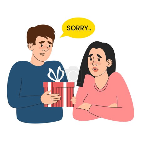 Illustration for Man with a gift asking for forgiveness vector isolated. Sad beautiful woman. Couple after quarrel, young adult with a gift surprise. - Royalty Free Image