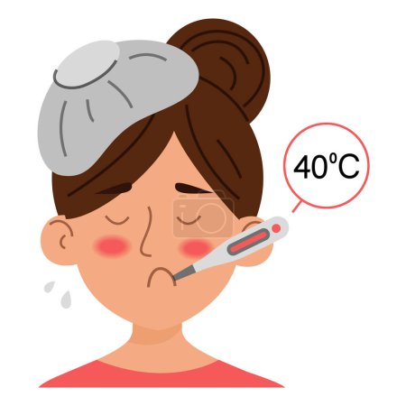 Illustration for Woman with fever vector isolated. High body temperature as a symptom of infectious disease. Sad unhealthy girl. - Royalty Free Image