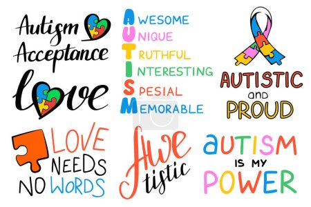 Illustration for Autism Awareness lettering set vector isolated. Collection of colorful design elements for poster. Handwritten font, autistic disorder. Autism awareness day in April. - Royalty Free Image