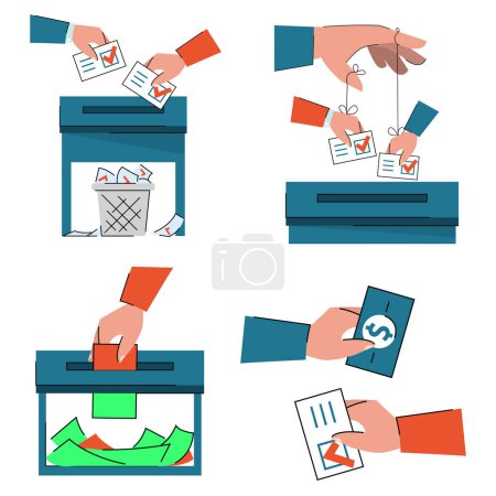 Illustration for Electoral fraud set vector isolated. Changing ballots, vote rigging and corruption. Fraud in politics. Exchange vote for cash. - Royalty Free Image