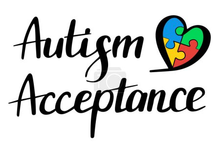 Illustration for Autism acceptance lettering design vector isolated. Colorful design element for poster. Handwritten font, autistic disorder. Autism awareness day in April, puzzle pieces as a symbol of disease - Royalty Free Image
