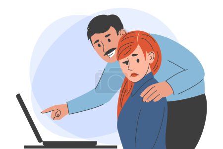 Harcèlement sexuel dans le bureau vecteur isolé. Employé victime d'abus, attention indésirable de la part du patron. Homme touchant l'épaule d'une employée.