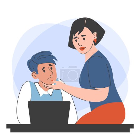 Sexual harassment in the office vector isolated. Employee suffering from abuse, unwanted attention from the boss. Woman flirting with male employee.