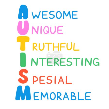 Illustration for Autism acceptance lettering design vector isolated. Colorful design element for poster. Handwritten font, autistic disorder. Autism awareness day in April. Awesome and unique person - Royalty Free Image