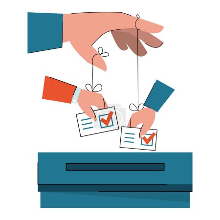 Illustration for Electoral fraud vector isolated. Vote rigging and corruption. Fraud in politics. Puppet hands put votes in the ballot box. Political puppets, marionette hand - Royalty Free Image