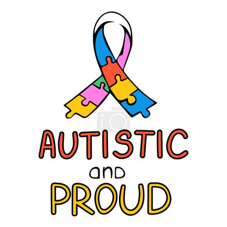 Illustration for Autistic and proud acceptance lettering design vector isolated. Colorful design element for poster. Handwritten font, autistic disorder. Autism awareness day in April, puzzle pieces as a symbol - Royalty Free Image