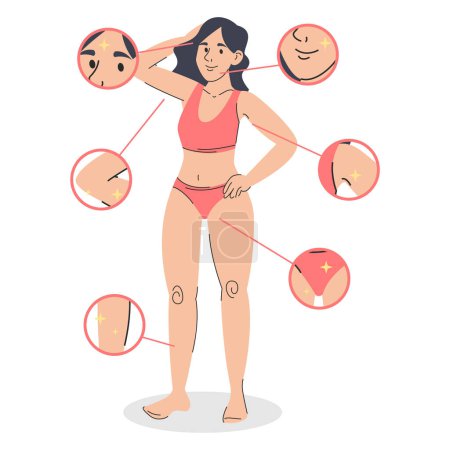 Illustration for Confident woman after hair removal vector isolated. Illustration of a female person in swimwear without hair on body after laser depilation. Epilation procedure advertising. - Royalty Free Image