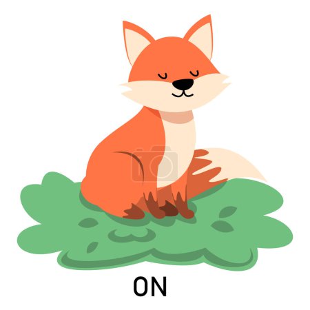 Illustration for Learning English prepositions with a funny fox and green bush vector isolated. Animal character sitting on a green bush. Cute red fox. - Royalty Free Image