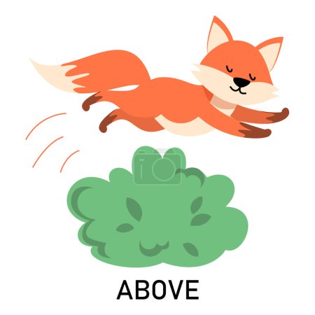 Englische Präpositionen lernen mit einem lustigen Fuchs und grünem Buschvektor isoliert. Tierfiguren springen über den grünen Busch. Niedlicher Rotfuchs.