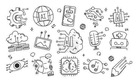 Illustration for Generative artificial intelligence related icon set vector isolated. Doodle illustration, concept of modern technology. Chat bot, computer creates art. AI innovation. Video, audio and text creation. - Royalty Free Image