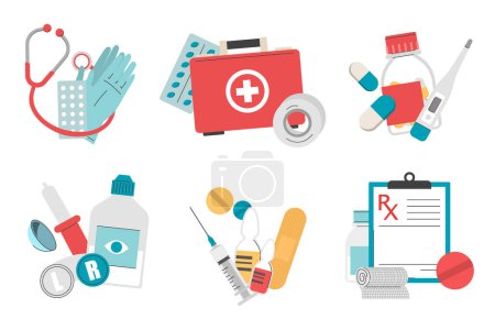 Illustration for Medicine set vector isolated. Illustration of medical tools. Antibiotic treatment, concept of health and pharmacy industry. Pills, thermometer and stethoscope. - Royalty Free Image