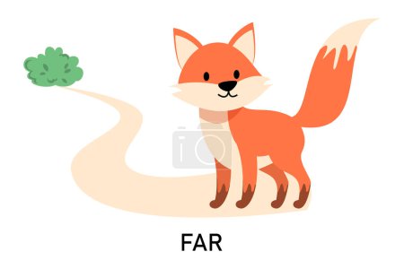 Englische Präpositionen lernen mit einem lustigen Fuchs und grünem Buschvektor isoliert. Tiercharakter sitzt weit weg von einem grünen Busch. Niedlicher Rotfuchs.