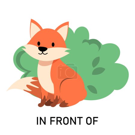 Learning English prepositions with a funny fox and green bush vector isolated. Animal character sitting in front of a green bush. Cute red fox.