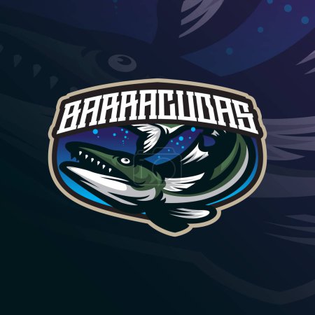 Téléchargez les illustrations : Vecteur de conception de logo de mascotte de Barracuda avec un style de concept d'illustration moderne pour l'impression de badge, d'emblème et de t-shirt. Illustration de poissons Barracuda pour l'équipe sportive et sportive. - en licence libre de droit