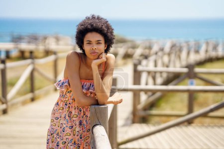 Foto de Joven turista afroamericana en vestido ornamental con el pelo rizado, apoyado en la mano y mirando a la cámara mientras se relaja en el paseo marítimo contra el mar y el cielo azul en el día de verano en el resort - Imagen libre de derechos