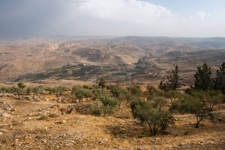 Téléchargez les photos : Mont Nebo Paysage avec Khirbet al-Mukhayyat Village en Jordanie avec des oliviers - en image libre de droit