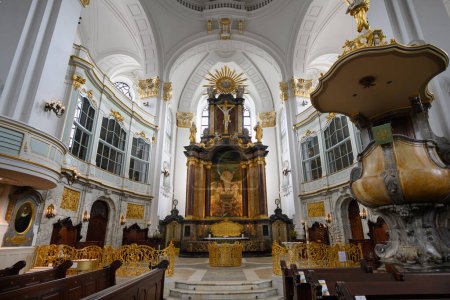 Photo for Hamburg, Germany - June 15 2023: Michaelis Kirche or Saint Michaels Church Baroque Protestant Interior with Altar and Pulpit - Royalty Free Image