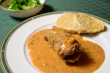 Beef Roulade or Rindsroulade with Semmelknodel Dumpling, Sour Cream Gravy with Green Field Salad