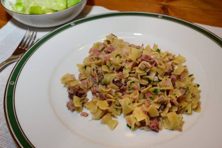 Pâtes Schinkenfleckerl ou casserole autrichienne de jambon et nouilles avec salade verte