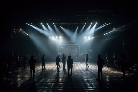 Foto de Espectáculo de luces en un festival de música. gente en el escenario. Siluetas y haces de luz - Imagen libre de derechos