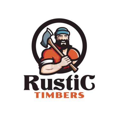 Illustration for Lumberjack mascot vector illustrative logo design. The logo can be perfect as a timber company logo, woodworking business, forest products logo, sawmill company,  etc. - Royalty Free Image