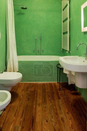 Foto de Cuarto de baño con suelos de parquet y paredes verdes, bañera con ducha y cortina blanca. Apartamento vintage interior con muebles modernos. No hay nadie adentro - Imagen libre de derechos