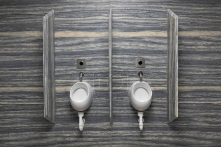 Foto de Urinario público moderno con paredes grises. No hay nadie adentro, el disparo es frontal recto - Imagen libre de derechos