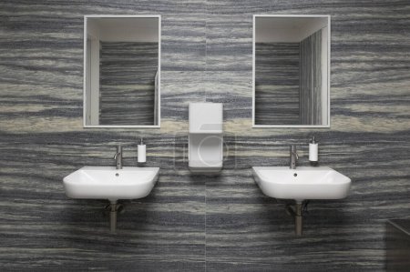Téléchargez les photos : Two white sinks of an Italian public bathroom. The walls are gray white, one shaded. The photographic shot is frontal and the liquid soap holders are white - en image libre de droit