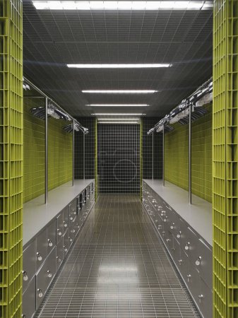 Photo for Interior of a large, very modern public wardrobe all in iron grids, the colour is neutral and green. - Royalty Free Image