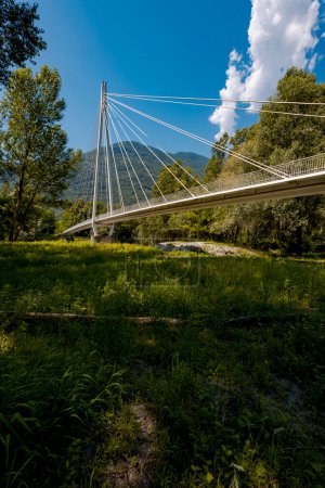 Téléchargez les photos : Pont piétonnier au milieu de la forêt, belle architecture et une grande étude d'ingénierie. L'objet est situé en Suisse, c'est une journée ensoleillée au milieu de l'été. - en image libre de droit