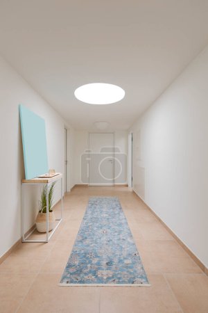 Téléchargez les photos : Couloir d'un appartement moderne avec une lucarne et un tapis au milieu. A l'arrière une porte blanche fermée. Sur la gauche une plante verte. - en image libre de droit