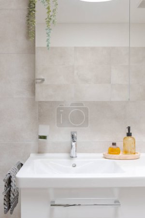 Téléchargez les photos : Intérieur d'une salle de bain moderne. Vue de face des éviers avec un miroir et des savons liquides devant. Tout est neuf, propre et très lumineux. Il y a même une serviette sur le côté - en image libre de droit