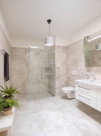 Interior of a modern bathroom. You can see the shower, toilet and washbasin. It is big with lots of space, two beautiful plants on the side. Large bright space and no people inside.