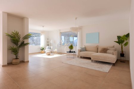 Foto de Amplio salón con sofá de alfombra y amplio espacio abierto en frente - Imagen libre de derechos